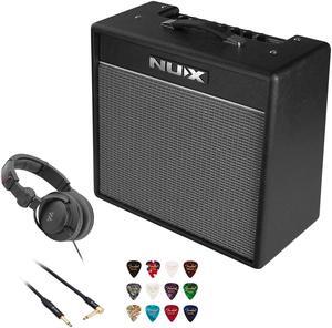 NuX Mighty 40BT Guitar Amplifier with Bluetooth Bundle with Polsen HPC-A30-MK2 Studio Monitor Headphones, Kopul 10' Instrument Cable, and Fender 12-Pack Picks