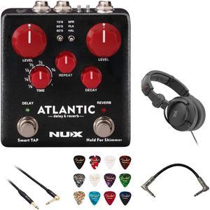 NUX Atlantic Multi Delay and Reverb Effect Pedal Bundle with Polsen HPC-A30-MK2 Studio Monitor Headphones, Kopul 10' Instrument Cable, Patch Cable Right Angle, and Fender 12-Pack Picks