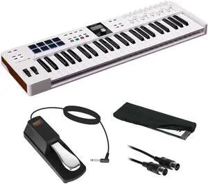 Arturia 231521 KeyLab Essential mk3 49-Key Universal MIDI Controller and Software (White) Bundle with Auray FP-P1L Sustain Pedal, Hosa MID-310 MIDI Cable, and Medium-Size 61-67 Keys Cover for Piano