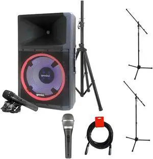 Gemini Sound GSP-L2200PK Indoor 2200 Watt with 15" Inch Woofer, LED Party Lights, Built in Media Player, and Included Microphone and Speaker Stand Bundle with Polsen M-85 Handheld Microphone, Auray MS