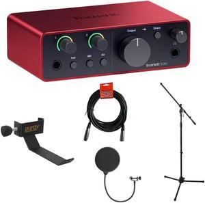 Focusrite Scarlett Solo USB-C Audio Interface (4th Generation) with Clamp On Headphone Holder, Tripod Mic Stand + Boom, Kellopy Pop Filter & XLR Cable Bundle
