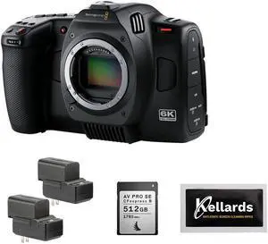 Blackmagic Design Cinema Kamera 6K (BM-CINECAM60KLFL) Bundle with Angelbird 512GB Memory Card, Genaray 2x NP-F770 4400mAh Batteries & 2x Compact Chargers Kit and Anti-Static Screen Cleaning Wipes