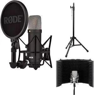 RODE NT1 Signature Series Large-Diaphragm Condenser Microphone (Black) Bundle with Auray Desk/mic Stand Reflection Filter and Auray Reflection Filter/tripod Micstand