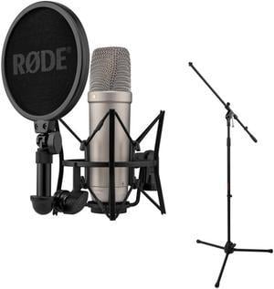 Rode NT1 (Silver)5th Generation Hybrid Studio Condenser Microphone Bundle with Mic Stand with Fixed Boom