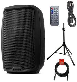 Gemini Sound AS-2110BT Active 10 Inch Woofer 1000W Watt DJ Monitor Powered Amplified PA Speakers System With Bluetooth Bundle with Auray SS-4420 Steel Speaker Stand and XLR Cable