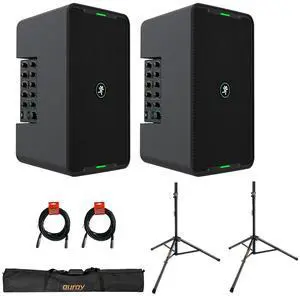 Mackie ShowBox All-in-One Battery-Powered 400W 8" Live Performance Rig with Breakaway Mix Control (Pair) Bundle with Auray Steel Speaker Stands with Tripod Base, Carrying Case and 2x XLR Cable