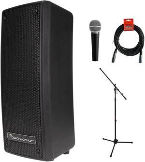 Powerwerks PA System (PW50), Black Bundle with Polsen M-85 Professional Dynamic Handheld Microphone (Dark Gray), Mic Stand with Fixed Boom and XLR Cable