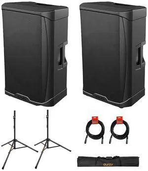 Gemini Sound GD-215PRO 1300-Watt Professional PA Speakers with Bluetooth (Pair) Bundle with Auray SS-47S-PB Deluxe Steel Speaker Stands with Tripod Base and Carrying Case and 2x XLR Cable