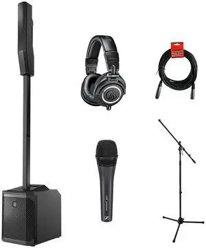 Electro-Voice EVOLVE 30M Portable 1000W Column Sound System with Sennheiser e 835 Handheld Mic,ATH-M50x Monitor Headphones, Mic Stand with Fixed Boom, and XLR-XLR Cable Bundle