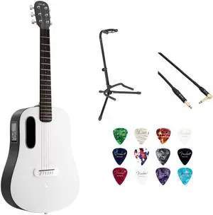 LAVA ME PLAY 36 Lite Bag Nightfall Frost White w/ Gator Rok-It Tripod Guitar Stand, Kopul Premium Performance Series Right Angle Cable and Fender Celluloid Guitar Picks Shape Medium 12-Pack Bundle