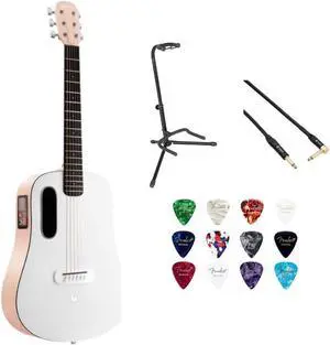 LAVA ME PLAY 36 w/ Lite Bag Light Peach/Frost White w/ Gator Rok-It Tripod Guitar Stand, Kopul PREM Performance Series Right Angle Cable and Fender Celluloid Guitar Picks Shape Medium 12-Pack Bundle
