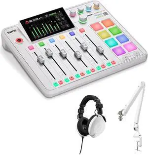 RØDE RØDECaster Pro II All-in-One Production Solution (White) Bundle with NTH-100 Professional Closed-Back Over-Ear Headphones and PSA1+ Professional Studio Arm
