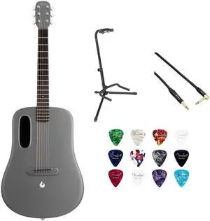 LAVA ME 4 Carbon 38" with Airflow Bag Space Grey w/ Rok-It Tripod Guitar Stand, Kopul PREM Performance Series Right Angle Cable and Celluloid Guitar Picks Shape Medium 12-Pack Bundle