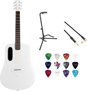 LAVA ME 4 Carbon 38" with Airflow Bag White Bundle with Rok-It Tripod Guitar Stand, Kopul PREM Performance Series Right Angle Cable and Celluloid Guitar Picks Shape Medium 12-Pack