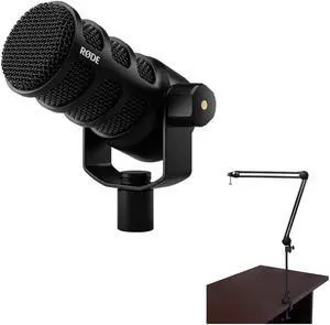 RODE PodMic USB and XLR Dynamic Broadcast Microphone Bundle with Auray BAI-2N Two-Section Broadcast Arm with Internal Springs