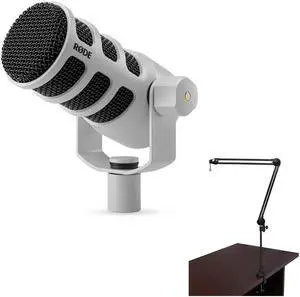 RODE PodMic USB and XLR Dynamic Broadcast Microphone (White) Bundle with Auray BAI-2N Two-Section Broadcast Arm with Internal Springs