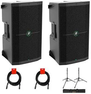 Mackie THUMP 210 (2 Pack) Bundle with XLR- XLR Cable (2 Pack), Auray SS-47S-PB Deluxe Height-Adjustable Steel Speaker Stands with Tripod Base and Carrying Case