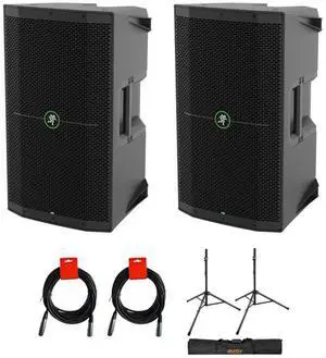 Mackie Thump210XT 1,400-watt 10-inch Powered Speaker (2 Pack) Bundle with XLR- XLR Cable (2 Pack), Auray SS-47S-PB Deluxe Height-Adjustable Steel Speaker Stands with Tripod Base and Carrying Case