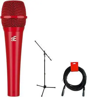 sE Electronics V7 Handheld Supercardioid Dynamic Microphone (Red) Bundle with Mic Stand with Fixed Boom, XLR- XLR Cable