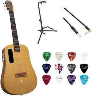 LAVA ME AIR Spruce 36 with Airflow BagWoodgrain Brown/Burlywood Bundle with Classic Celluloid Guitar Pick 351 Shape Medley 12-Pack, Rok-It Tripod Guitar Stand, Kopul Premium 3000 Male Instrument Cable