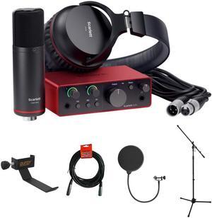 Focusrite Scarlett Solo USB-C Audio Interface (4th Generation) with Clamp On Headphone Holder, Tripod Mic Stand + Boom, Kellopy Pop Filter & XLR Cable Bundle