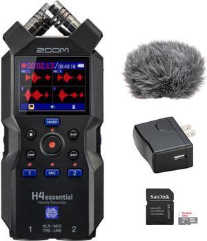 Zoom H4essential 4-Track 32-Bit Float Portable Audio Recorder Bundle with Auray WRW-H4N Custom Windbuster for Zoom H4n, 32GB SDHC Memory Card and Zoom AD17 AC Adapter