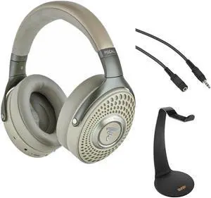 Focal Bathys Noise-Canceling Wireless Over-Ear Headphones (Dune) Bundle with Auray HPDS-B Desktop Headphone Stand and Pearstone Stereo Mini Male to Stereo Mini Female Extension Cable 25'