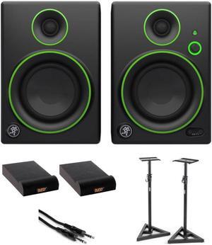 Mackie CR5BT Powered 5 Studio Monitors Black Bundle with On-Stage SMS6000-P Studio Monitor Stand, Auray IP-S Isolation Pad for Studio Monitor (2-Pack), Hosa Stereo 1/4" Male Phone TRS Cable 10