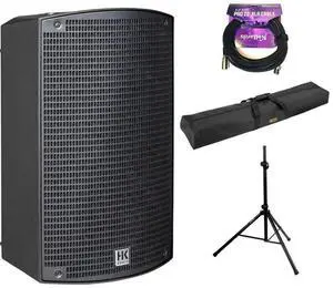 HK AUDIO SONAR 110 Xi 2-Way 800W 10" Powered Speaker Bundle with Auray Speaker Stand Bag 51" Interior (Black), Auray SS-4420 Steel Speaker Stand, Kellards XLR-P20T Pro 20' XLR Cable