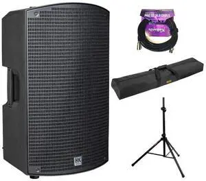 HK AUDIO SONAR 112 Xi 2-Way 1200W 12" Powered Speaker Bundle with Auray Speaker Stand Bag 51" Interior (Black), Auray SS-4420 Steel Speaker Stand, Kellards XLR-P20T Pro 20' XLR Cable