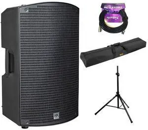HK AUDIO SONAR 115 Xi 2-Way 1200W 15" Powered Speaker Bundle with Auray Speaker Stand Bag 51" Interior (Black), Auray SS-4420 Steel Speaker Stand, Kellards XLR-P20T Pro 20' XLR Cable