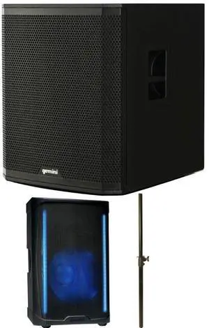 Gemini Sound ZRX-S18BT 18 Inch Powered Subwoofer  2400W Peak Active PA Bluetooth Bundle with On-Stage Subwoofer Pole with M20 Thread Black, Gemini Sound GD-L215PRO 1300-Watt Professional PA Speakers