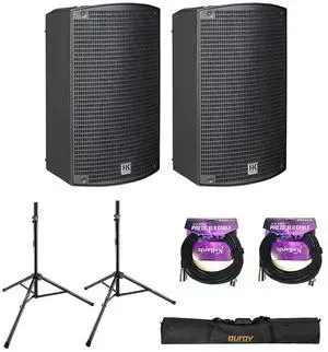 HK AUDIO SONAR 110 Xi 2-Way 800W 10" Powered Speaker (Pair) Bundle with 2x XLR-P20T Pro 20' XLR Microphone Cable and SS-47S-PB Deluxe Height-Adjustable Steel Speaker Stands and Carrying Case