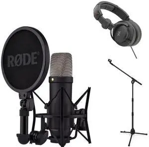 Rode NT1(Black) 5th Generation Hybrid Studio Condenser Microphone Bundle with Kellards PST2 Adjustable Height Microphone Stand with Boom, Polsen HPC-A30 Closed-Back Studio Monitor Headphones