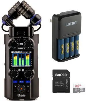 Zoom H5studio 4-Track Handy Recorder with 32-Bit Float Recording with Essentials Kit Bundle with Watson 4Bay Charger AA/AAA Batteries, SanDisk 32GB Ultra UHS-I microSDHC Memory Card with SD Adapter