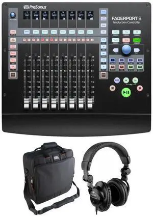 PreSonus Faderport 8 - Mix Production Controller Bundle with Cases G-MIXERBAG-1515 Padded Nylon Mixer/Equipment Bag, Polsen HPC-A30 Closed-Back Studio Monitor Headphones