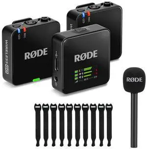 RODE Wireless GO Gen 3 2-Person Compact Digital Wireless Microphone System/Recorder Black Bundle with Rode Interview GO Handheld Mic Adapter for the Wireless GO, Rip Tie 10-Pack Touch Fastener Straps