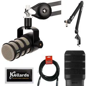 Rode PodMic Dynamic Microphone Bundle with Rode PSA1+ Pro Studio Boom/Arm, RODE WS14 Pop Filter for PodMic (Black), XLR- XLR Cable, Anti-Static Screen Cleaning Wipes (5-Pack)