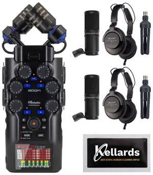 Zoom H6studio 6-Track Handy Recorder with 32-Bit Float Recording Bundle with Zoom ZDM-1 Podcast Mic Pack w/ Headphones Windscreen XLR Tabletop Stand (2 Pack), Anti-Static Screen Cleaning Wipes 5-Pack