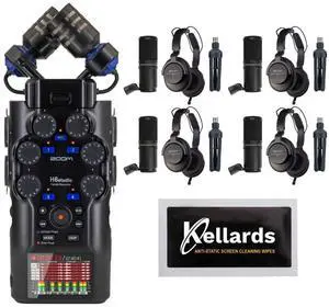 Zoom H6studio 6-Track Handy Recorder with 32-Bit Float Recording Bundle with Zoom ZDM-1 Podcast Mic Pack w/ Headphones Windscreen XLR Tabletop Stand (4 Pack), Anti-Static Screen Cleaning Wipes 5-Pack