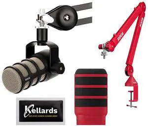 Rode PodMic Dynamic Microphone Bundle with RODE PSA1+ Professional Studio Arm (Red), RODE WS14 Red, XLR- XLR Cable, Anti-Static Screen Cleaning Wipes (5-Pack)