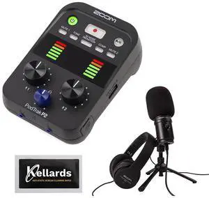 Zoom PodTrak P2 Dual USB Mic Recorder for Podcasters Bundle with ZUM-2 Podcast Mic Pack with ZUM-2 Mic, Headphones, Desktop Stand, Cable & Windscreen and Anti-Static Screen Cleaning Wipes (5-Pack)