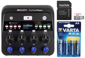 Zoom PodTrak P4next Portable Multitrack Podcast Recorder Bundle with SanDisk 32GB Ultra UHS-I microSDHC Memory Card with SD Adapter, Varta High-Energy 1.5V AA LR6 Alkaline Battery (4-Pack)