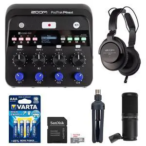 Zoom PodTrak P4next Portable Multitrack Podcast Recorder Bundle with 32GB microSD card, Varta High-Energy 1.5V AA LR6 Alkaline Battery (4-Pack), ZDM-1 mic pack headphones and Tabletop Stand
