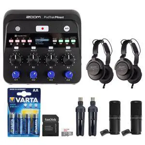 Zoom PodTrak P4next Portable Multitrack Podcast Recorder Bundle with 32GB microSD card, Varta High-Energy 1.5V AA LR6 Alkaline Battery (4-Pack), ZDM-1 mic pack headphones and Tabletop Stand (4 Pack)