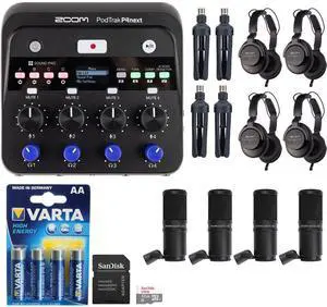 Zoom PodTrak P4next Portable Multitrack Podcast Recorder Bundle with 32GB microSD card, AAA batteries, ZDM-1 mic pack, headphones, and Tabletop Stand (4 Pack)