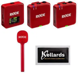 Rode Wireless GO (GEN3) RED Bundle with Rode Interview GO-Red Handheld Mic Adapter for the Wireless GO Red, Anti-Static Screen Cleaning Wipes (5-Pack)