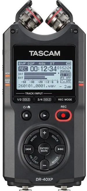 TASCAM DR-40XP 4-Channel 32-Bit-Float Portable Field Recorder with USB-C Interface and Adjustable Mics TASCAM DR-40XP 4-Channel 32-Bit-Float Portable Field Recorder with USB-C Interface and Adjustable Mics