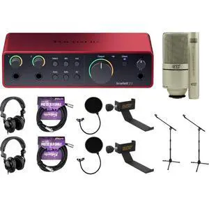 Focusrite Scarlett 2i2 USB-C Audio Interface Bundle with (2 packs each): MXL 990/991 Mics, Pop Filters, Boom Stands, Polsen Studio Headphones, 20ft XLR Cables, & Headphone Clamps Focusrite Scarlett 2i2 USB-C Audio Interface Bundle with (2 packs each): MXL 990/991 Mics, Pop Filters, Boom Stands, Polsen Studio Headphones, 20ft XLR Cables, & Headphone Clamps
