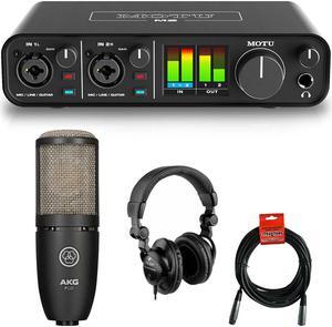 Motu M2 2x2 USB Audio Interface with AKG Project Studio P220 Condenser Mic, HPC-A30 Studio Monitor Headphones & XLR Cable Bundle